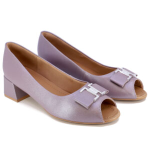 Peep Toe Salto Bloco Roxo Perolado Couro