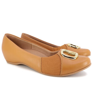 Sapatilha Salto Embutido Couro Marrom Tan Enfeite